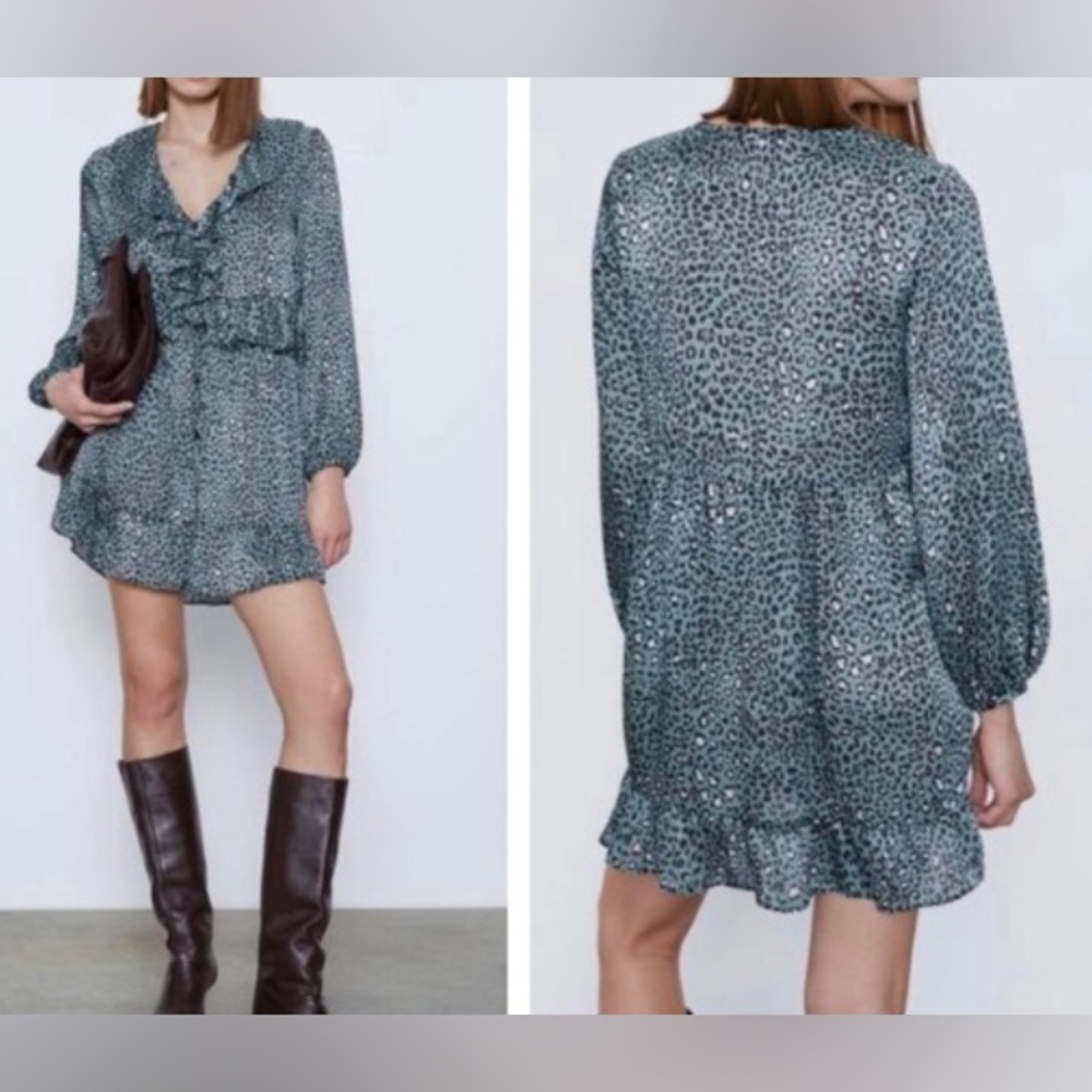 Zara Teal Animal Print Ruffly Dress